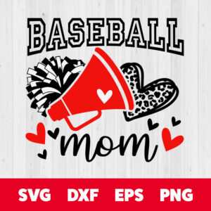 baseball mom red svg cheerleader pom poms with leopard heart t shirt svg
