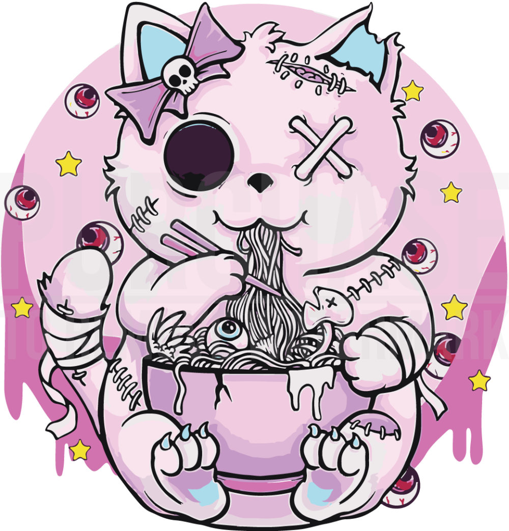 Pastel Goth Aesthetic Kawaii Creepy Cat Eating Ra Noodles SVG
