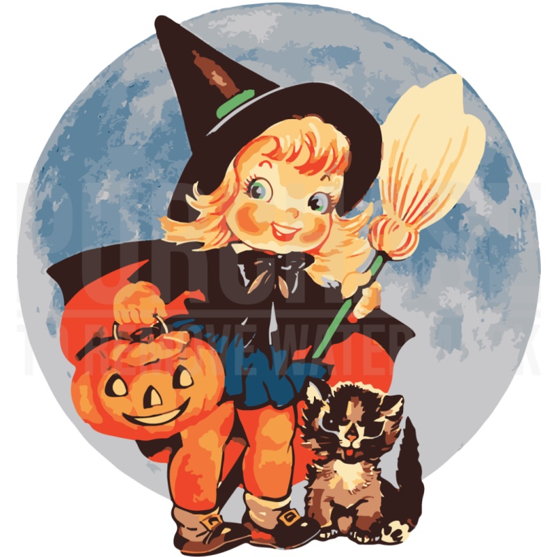 Vintage Halloween Art Retro Cute Witch Pumpkin Cat SVG