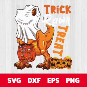 trick rawr treat halloween trex boo ghost with candy basket svg