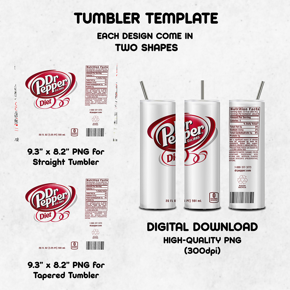 Dr Pepper Diet Tumbler Wrap, 20oz Skinny Tumbler Instant Download