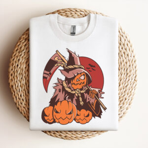 Halloween Scarecrow With Pumpkins And Scythe Red Moon SVG 3