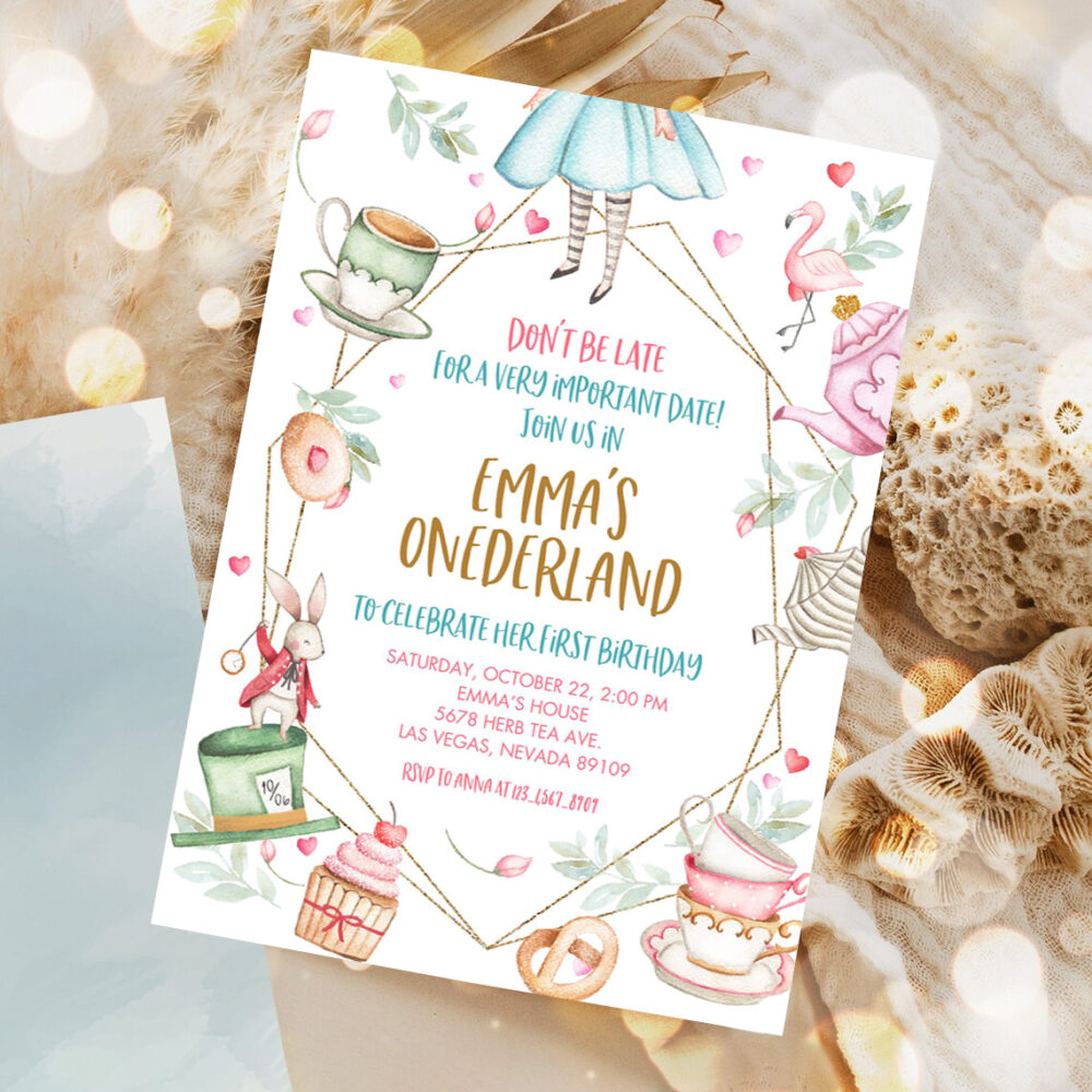 alice in wonderland invitation party onederland girl first 1st birthday invite mad hatter tea editable template 1