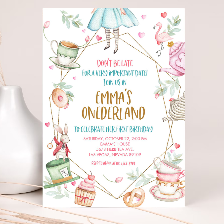 alice in wonderland invitation party onederland girl first 1st birthday invite mad hatter tea editable template 2
