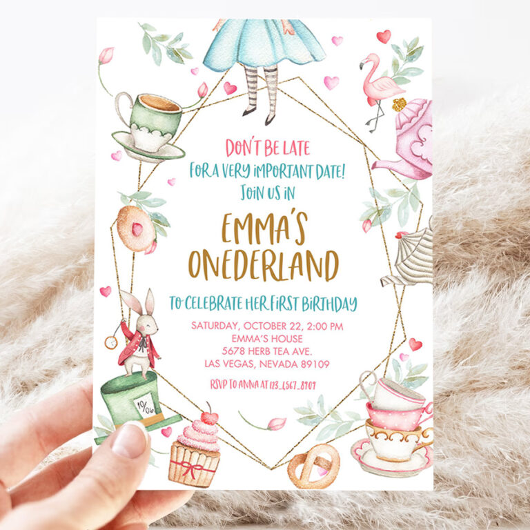 alice in wonderland invitation party onederland girl first 1st birthday invite mad hatter tea editable template 3
