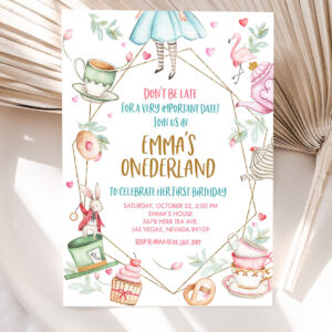 alice in wonderland invitation party onederland girl first 1st birthday invite mad hatter tea editable template 5