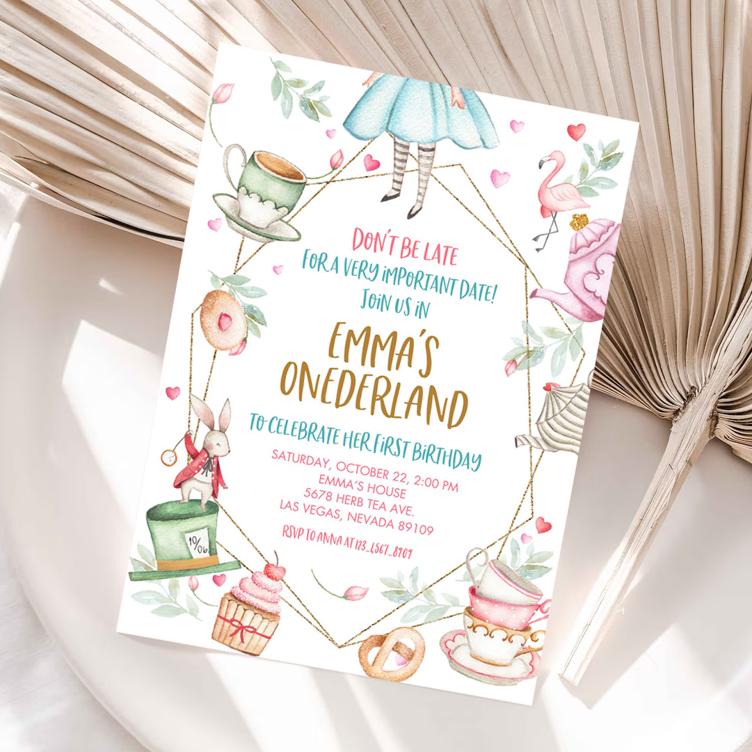 Editable Alice in Wonderland Invite, Onederland Girl 1st Birthday