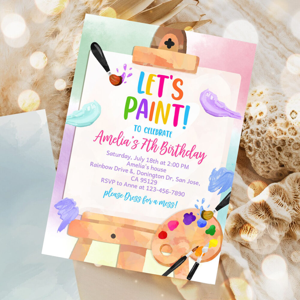 art birthday invitation party paint invites colorful painting theme artist brushes rainbow easel watercolor 1