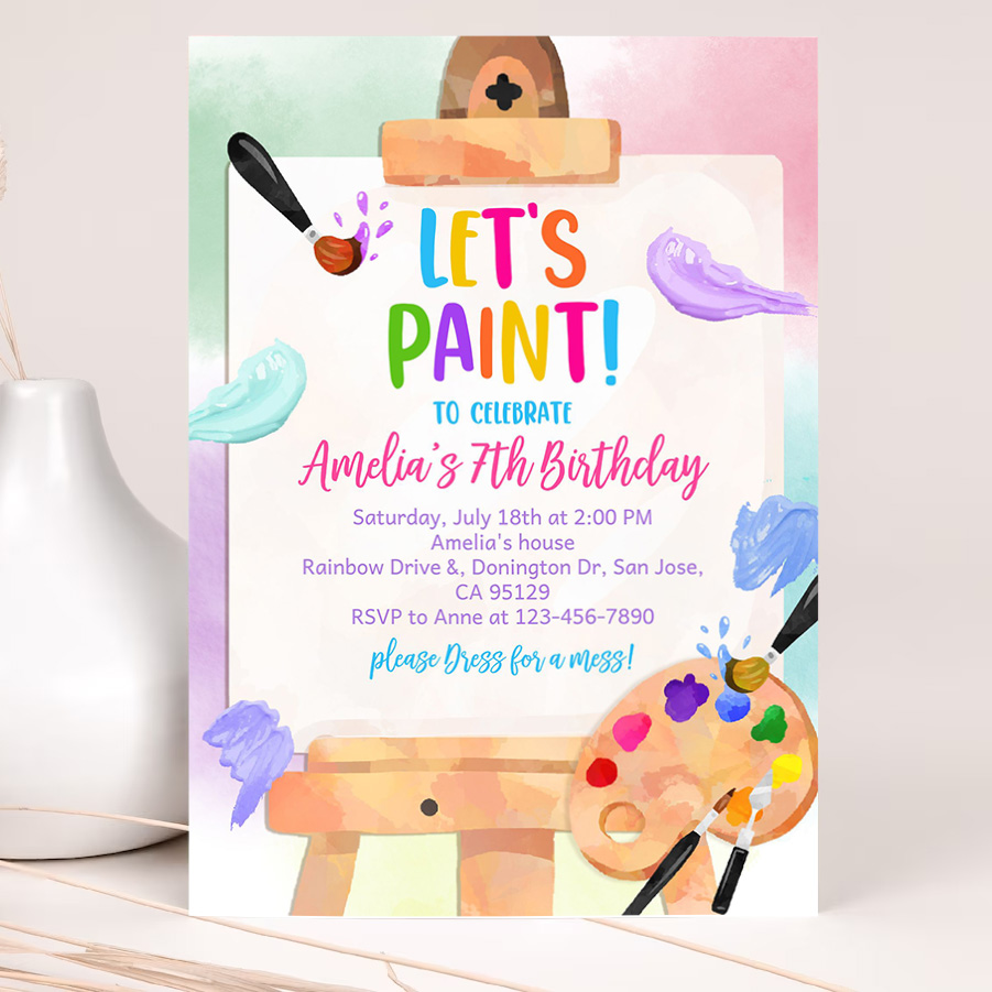 art birthday invitation party paint invites colorful painting theme artist brushes rainbow easel watercolor 2