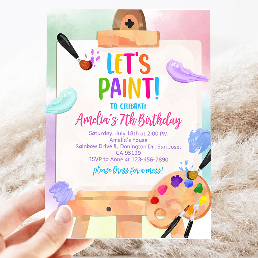 art birthday invitation party paint invites colorful painting theme artist brushes rainbow easel watercolor 3
