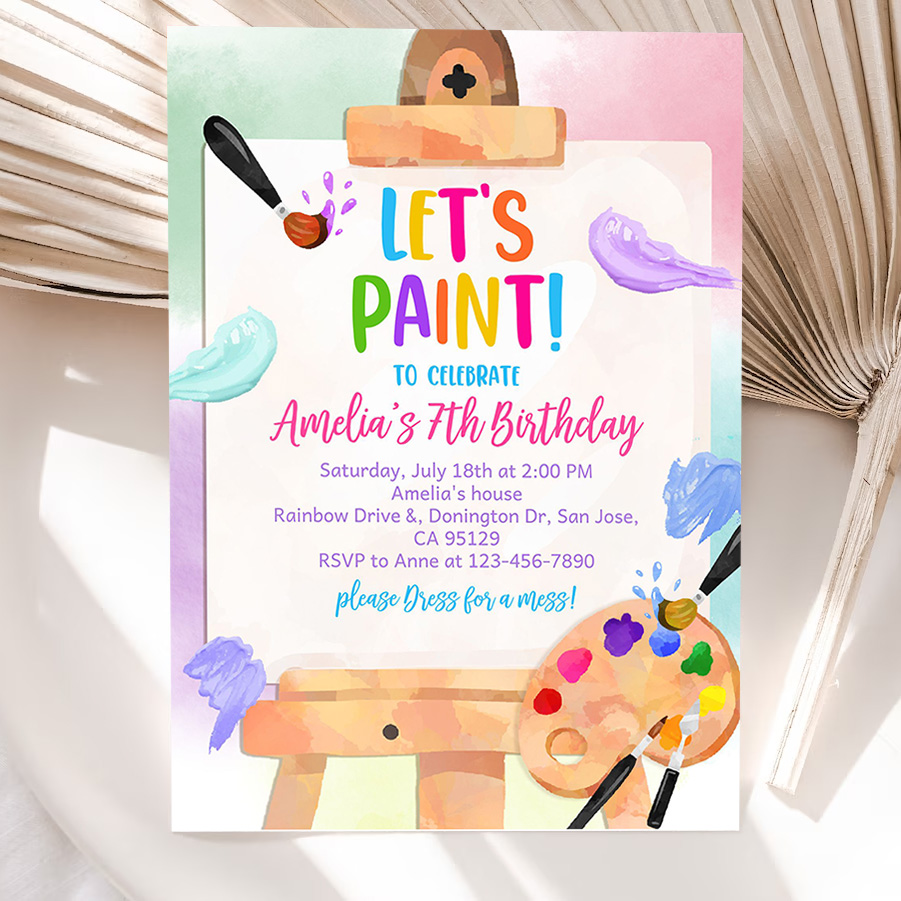 art birthday invitation party paint invites colorful painting theme artist brushes rainbow easel watercolor 5