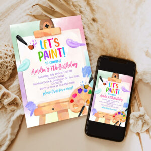 art birthday invitation party paint invites colorful painting theme artist brushes rainbow easel watercolor 6