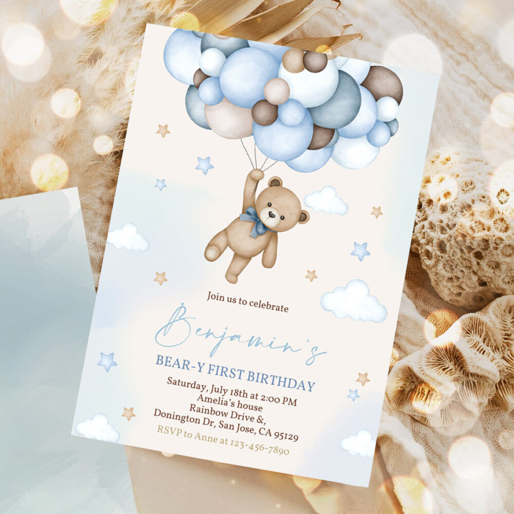 bear birthday invitation beary first birthday party invites boho boy 1st teddy bear cute blue pampas grass balloons editable template 1