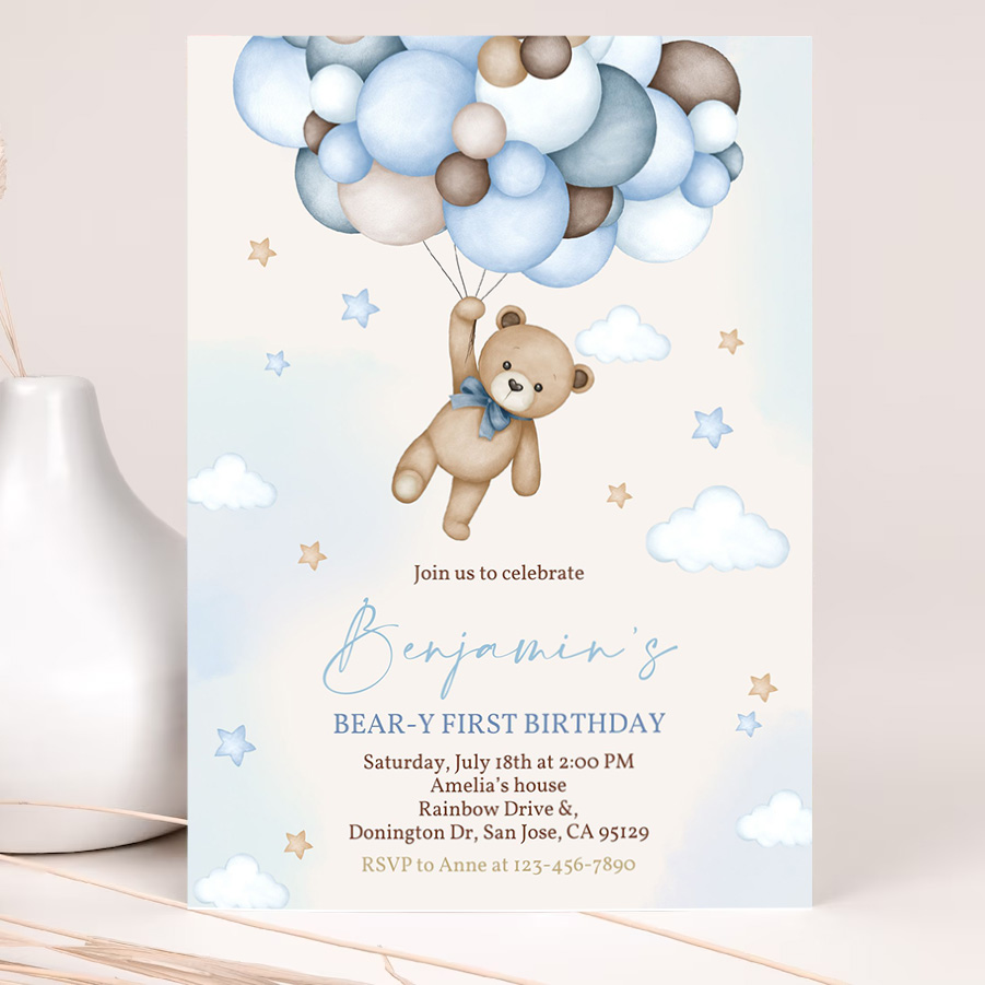 bear birthday invitation beary first birthday party invites boho boy 1st teddy bear cute blue pampas grass balloons editable template 2