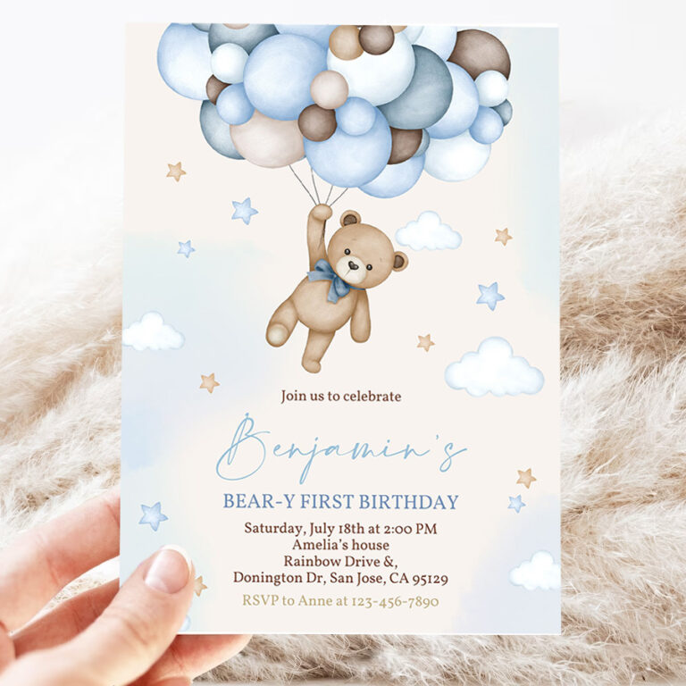 bear birthday invitation beary first birthday party invites boho boy 1st teddy bear cute blue pampas grass balloons editable template 3