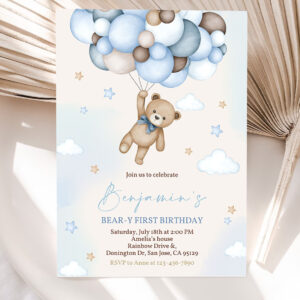 bear birthday invitation beary first birthday party invites boho boy 1st teddy bear cute blue pampas grass balloons editable template 5