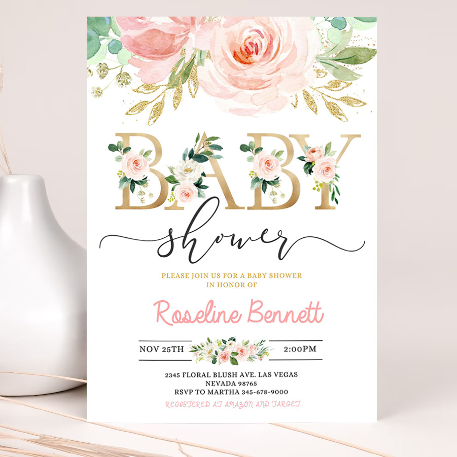 blush pink floral baby shower invitation editable invitation printable baby shower invite template sweet baby girl party invite 2