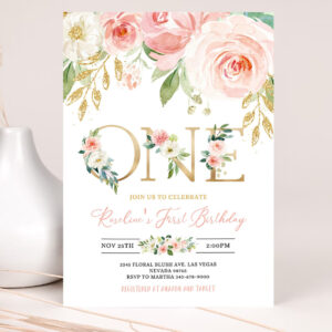 blush pink floral first birthday party invitation 1st birthday editable invite printable invite template boho girl party 2