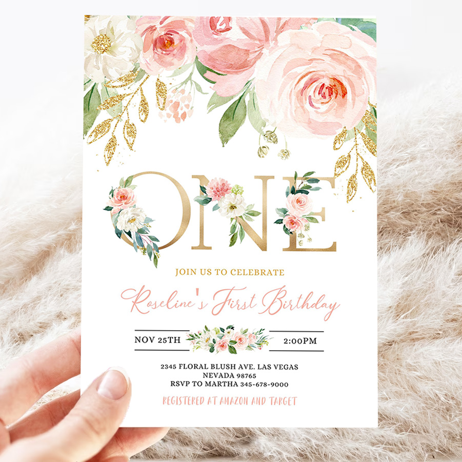 blush pink floral first birthday party invitation 1st birthday editable invite printable invite template boho girl party 3