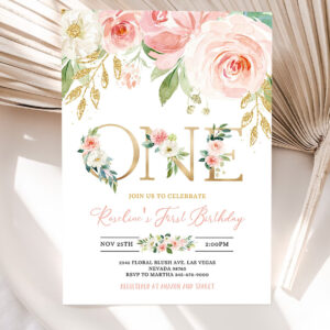 blush pink floral first birthday party invitation 1st birthday editable invite printable invite template boho girl party 5