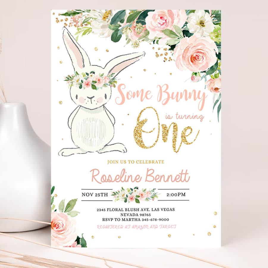 bunny birthday invitation editable bunny 1st birthday invite pink gold bunny invitations spring floral bunny invite 2