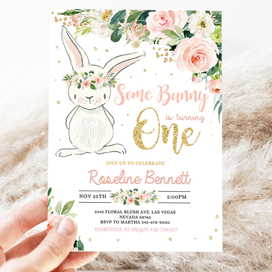bunny birthday invitation editable bunny 1st birthday invite pink gold bunny invitations spring floral bunny invite 3