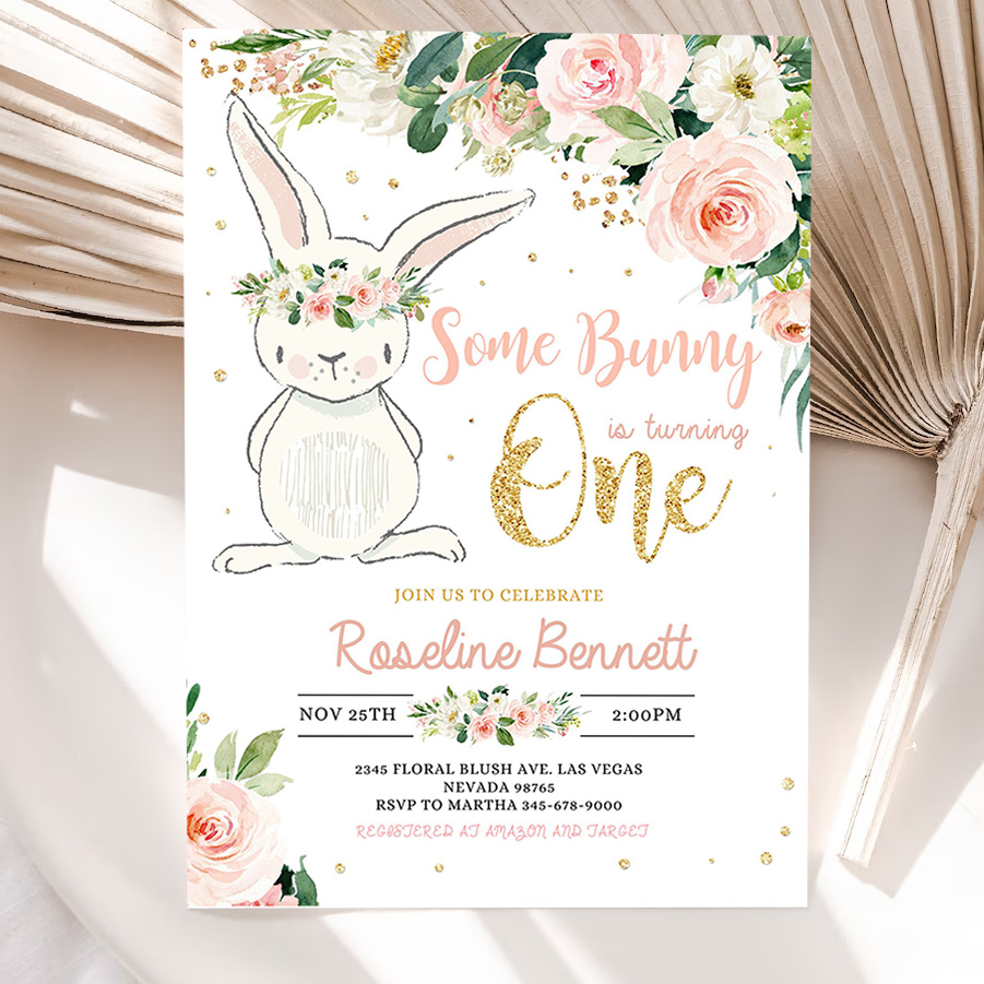 bunny birthday invitation editable bunny 1st birthday invite pink gold bunny invitations spring floral bunny invite 5
