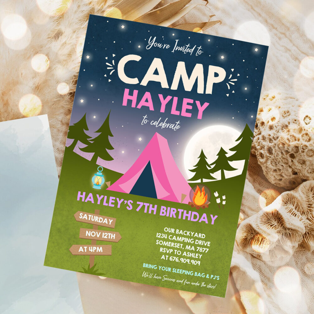 camping birthday invitation camping party invitation camp out under the stars girly glamping party 1