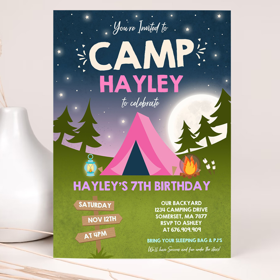 camping birthday invitation camping party invitation camp out under the stars girly glamping party 2