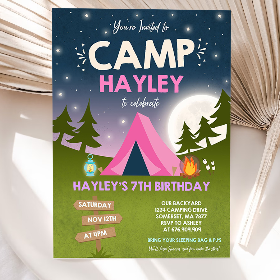 camping birthday invitation camping party invitation camp out under the stars girly glamping party 5