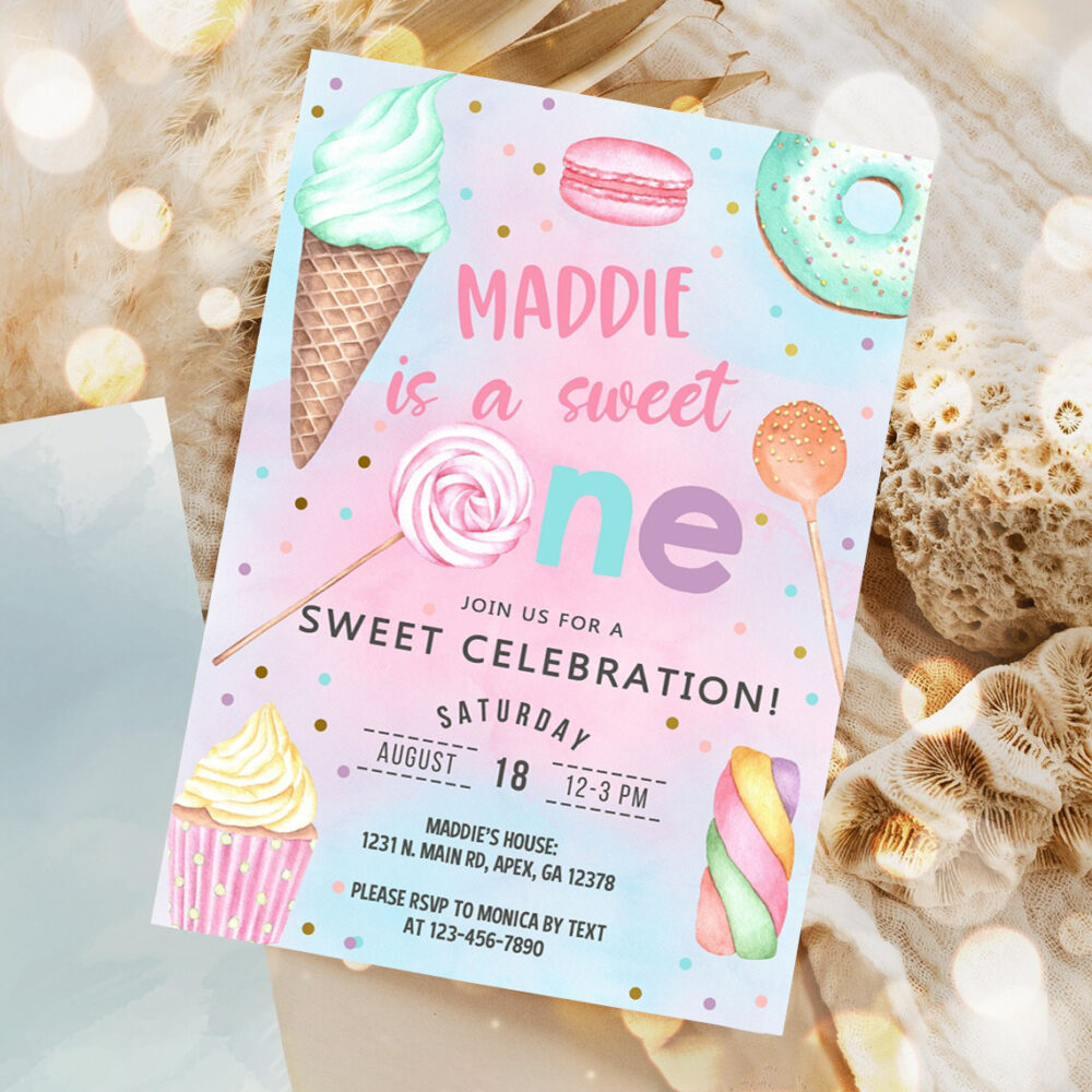 candy shes a sweet one 1st birthday invitation girl birthday invite candy sweets donut ice cream invite 1