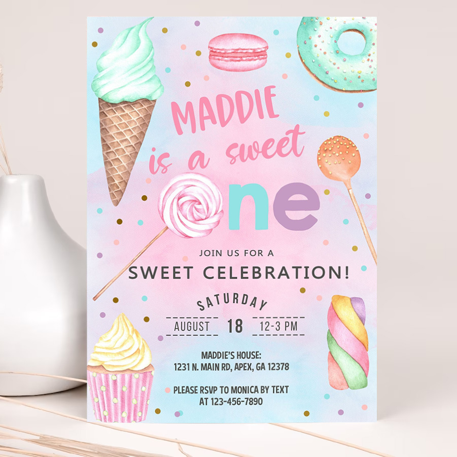 candy shes a sweet one 1st birthday invitation girl birthday invite candy sweets donut ice cream invite 2
