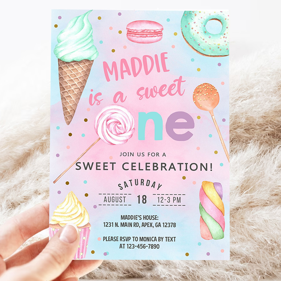 candy shes a sweet one 1st birthday invitation girl birthday invite candy sweets donut ice cream invite 3