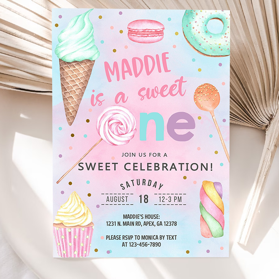 candy shes a sweet one 1st birthday invitation girl birthday invite candy sweets donut ice cream invite 5