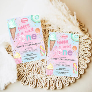 candy shes a sweet one 1st birthday invitation girl birthday invite candy sweets donut ice cream invite 7