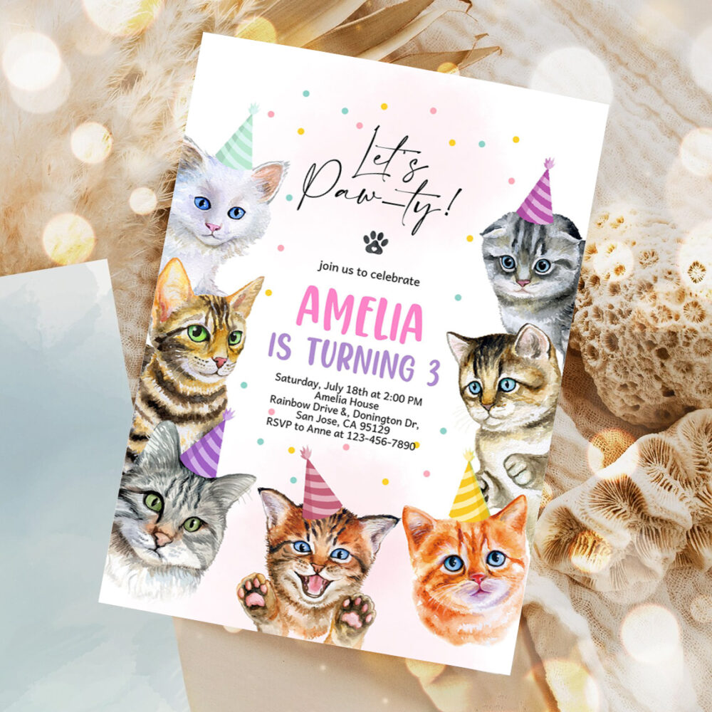 cat invitation cat birthday invite kitty cat birthday party animal lets pawty are you kitten me right meow editable digital template 1