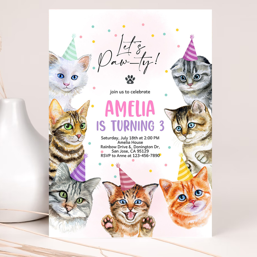 cat invitation cat birthday invite kitty cat birthday party animal lets pawty are you kitten me right meow editable digital template 2