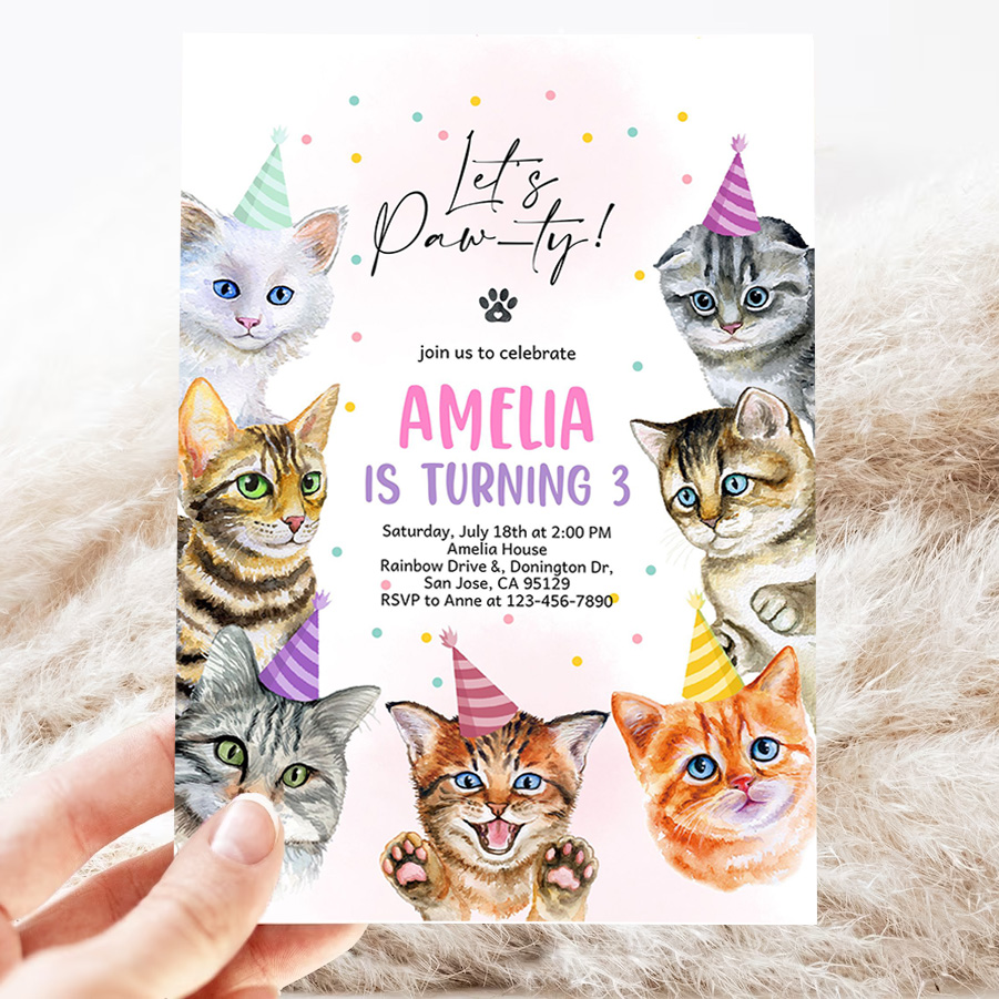cat invitation cat birthday invite kitty cat birthday party animal lets pawty are you kitten me right meow editable digital template 3
