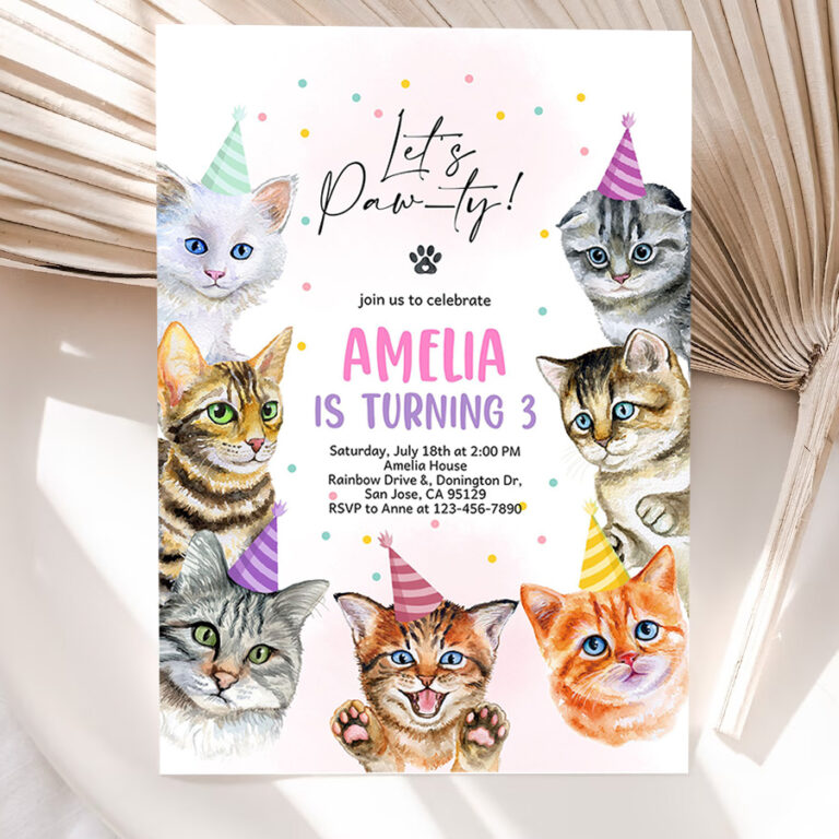 cat invitation cat birthday invite kitty cat birthday party animal lets pawty are you kitten me right meow editable digital template 5