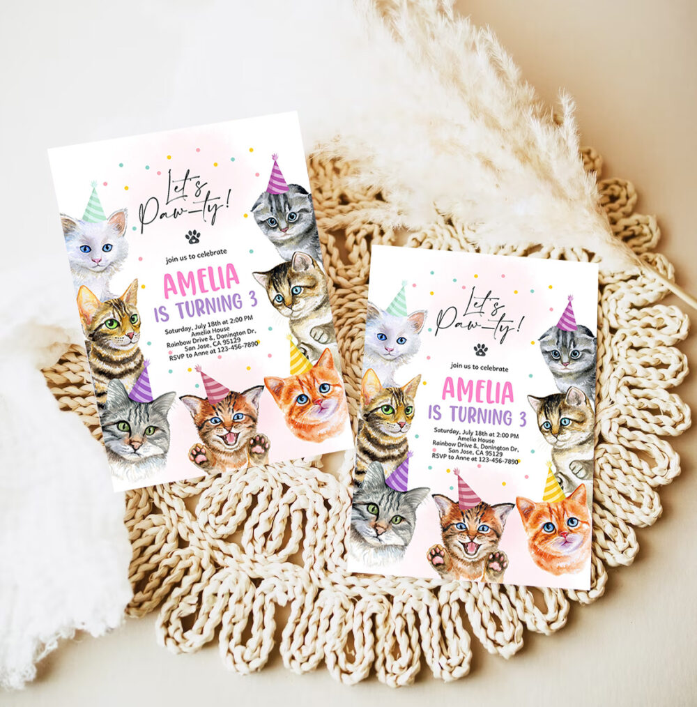 cat invitation cat birthday invite kitty cat birthday party animal lets pawty are you kitten me right meow editable digital template 7
