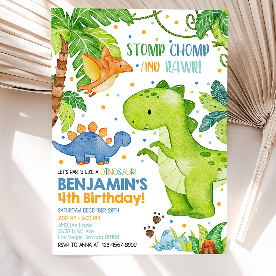dinosaur birthday invitation dinosaur party invites dino theme boy girl kids first jungle animals tropical editable digital template 5