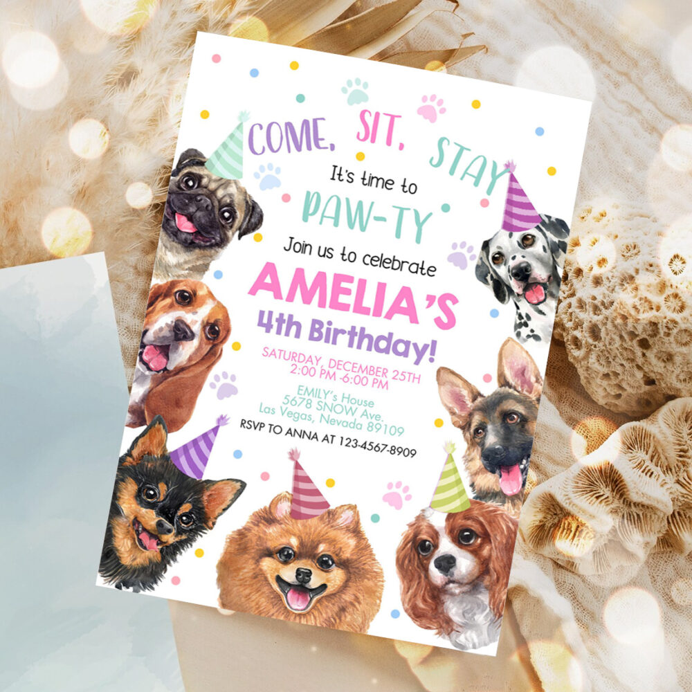 dog invitation birthday party invites puppy pawty boy girl first come sit stay pet theme editable digital template 1