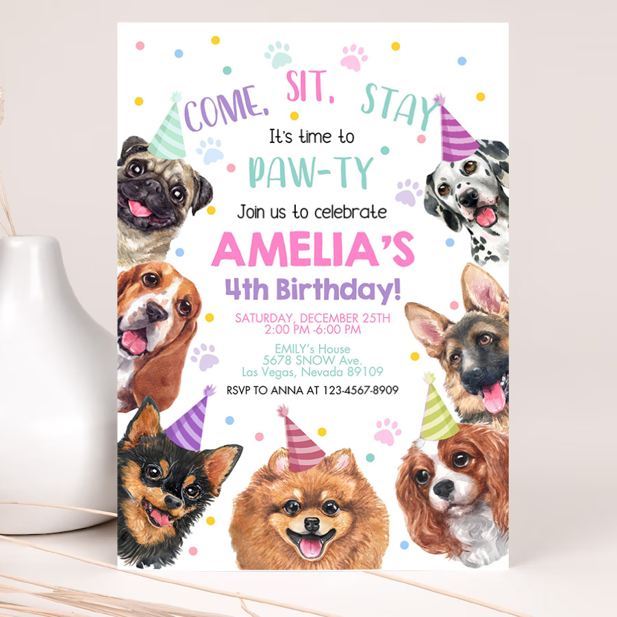 dog invitation birthday party invites puppy pawty boy girl first come sit stay pet theme editable digital template 2