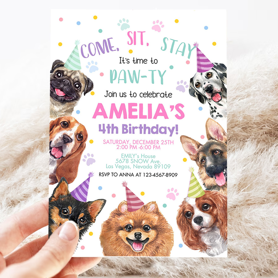 dog invitation birthday party invites puppy pawty boy girl first come sit stay pet theme editable digital template 3
