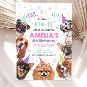 dog invitation birthday party invites puppy pawty boy girl first come sit stay pet theme editable digital template 5