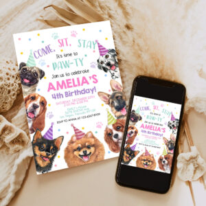 dog invitation birthday party invites puppy pawty boy girl first come sit stay pet theme editable digital template 6