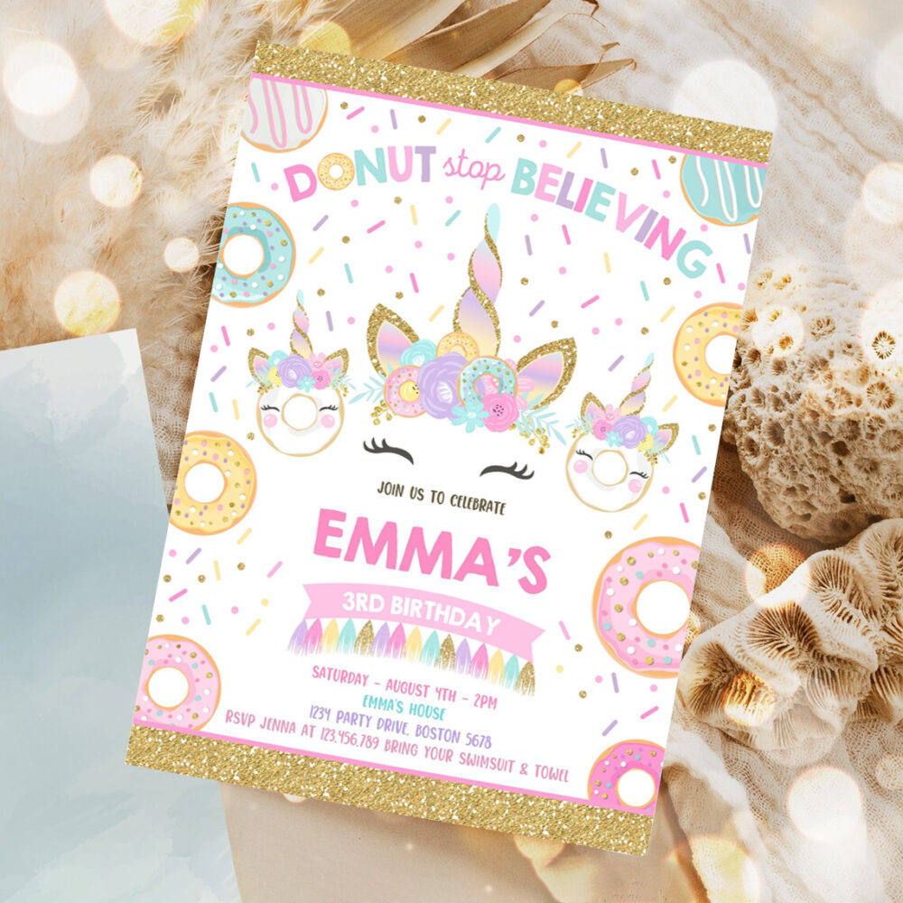 donut and unicorn birthday invitation donut stop believing invite donut stop believing unicorn donut party 1