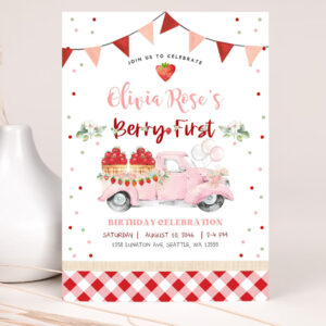 editable 1st berry first strawberry birthday invitation photo berry sweet strawberry truck invite invites 2
