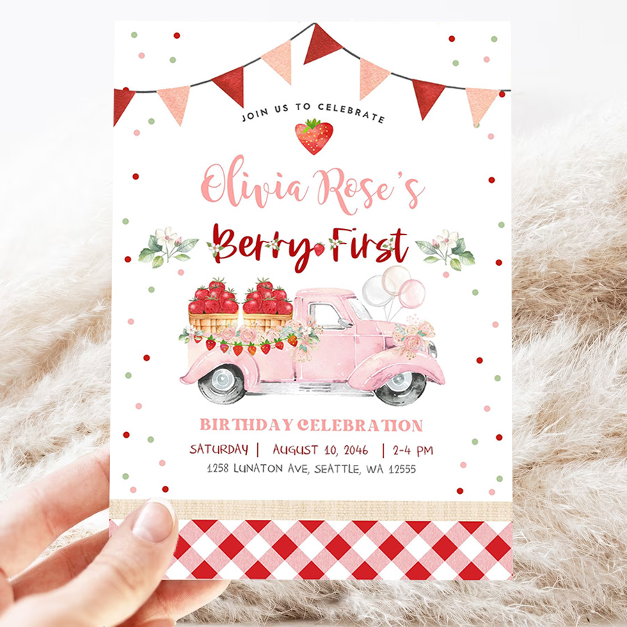 editable 1st berry first strawberry birthday invitation photo berry sweet strawberry truck invite invites 3