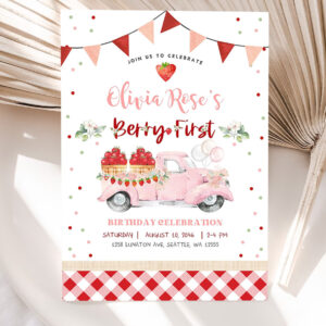 editable 1st berry first strawberry birthday invitation photo berry sweet strawberry truck invite invites 5